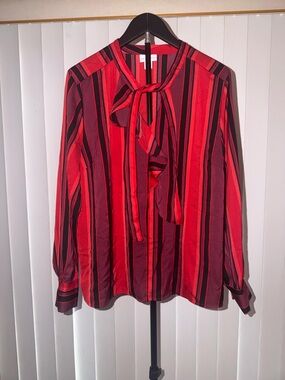 Liz Claiborne Red and Black Striped Tie-Neck Blouse